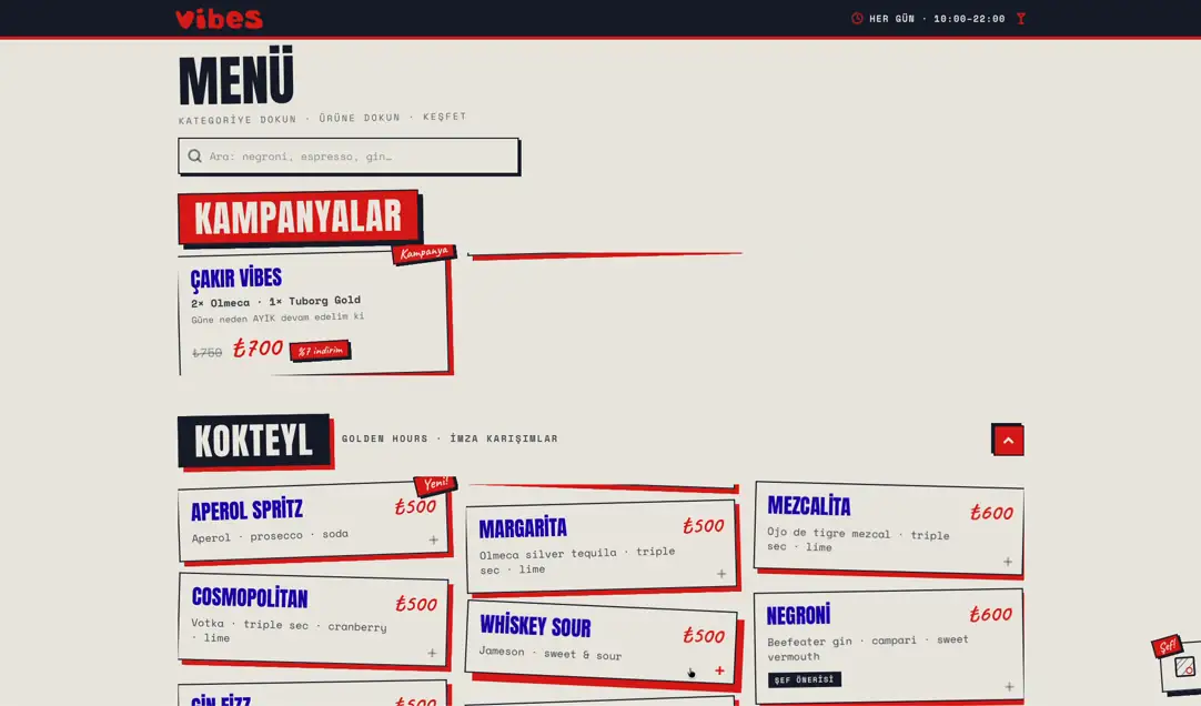 Bar menu: promotions, cocktail list and pricing on one screen.