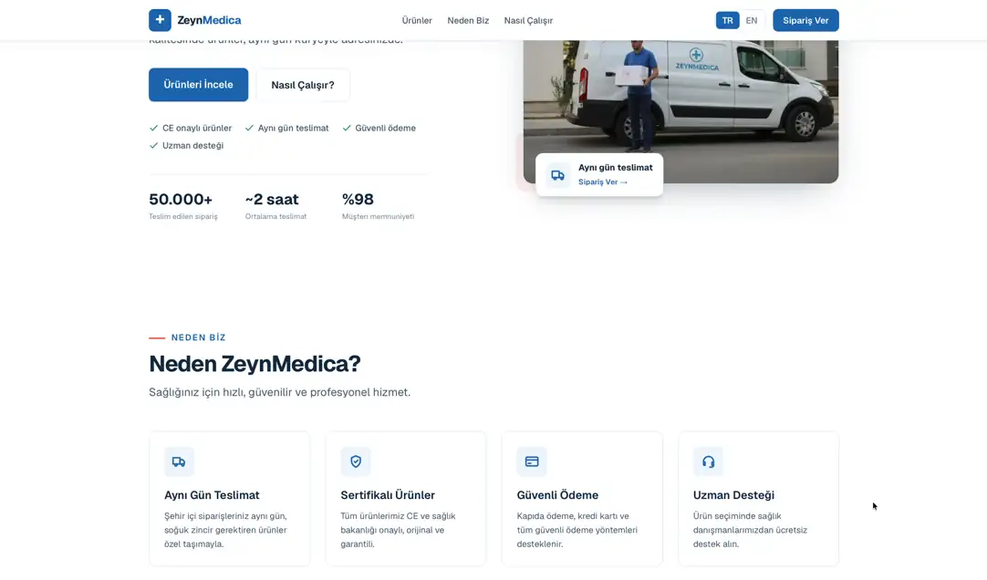 Medical e-commerce with same-day delivery and certified product flow.